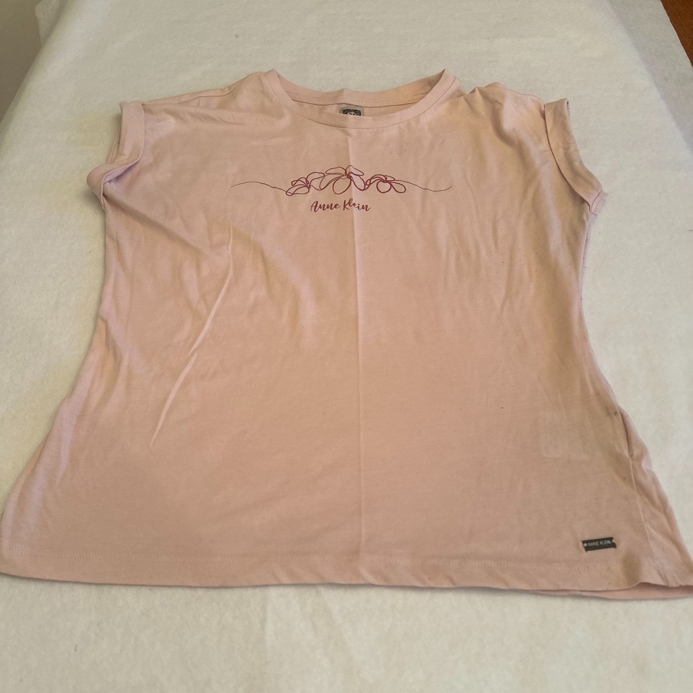 Anne Klein T Shirt Women Size M Pink Graphic Floral Cap Sleeve Cotton Top Casual